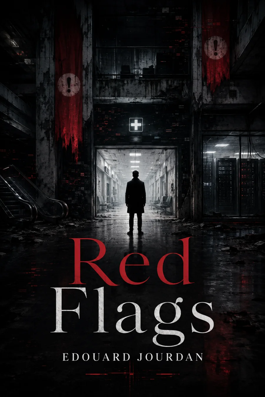 Red Flags reissue cover: a lone figure in a long coat facing a lit corridor at the far end of a ruined retail hall