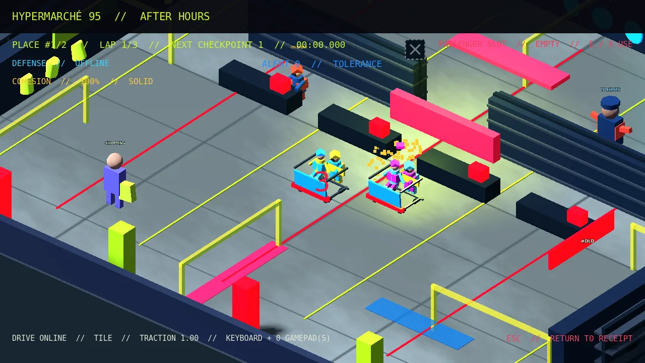 Isometric greybox capture of the Aisle Riot vertical slice inside HyperMarché 95