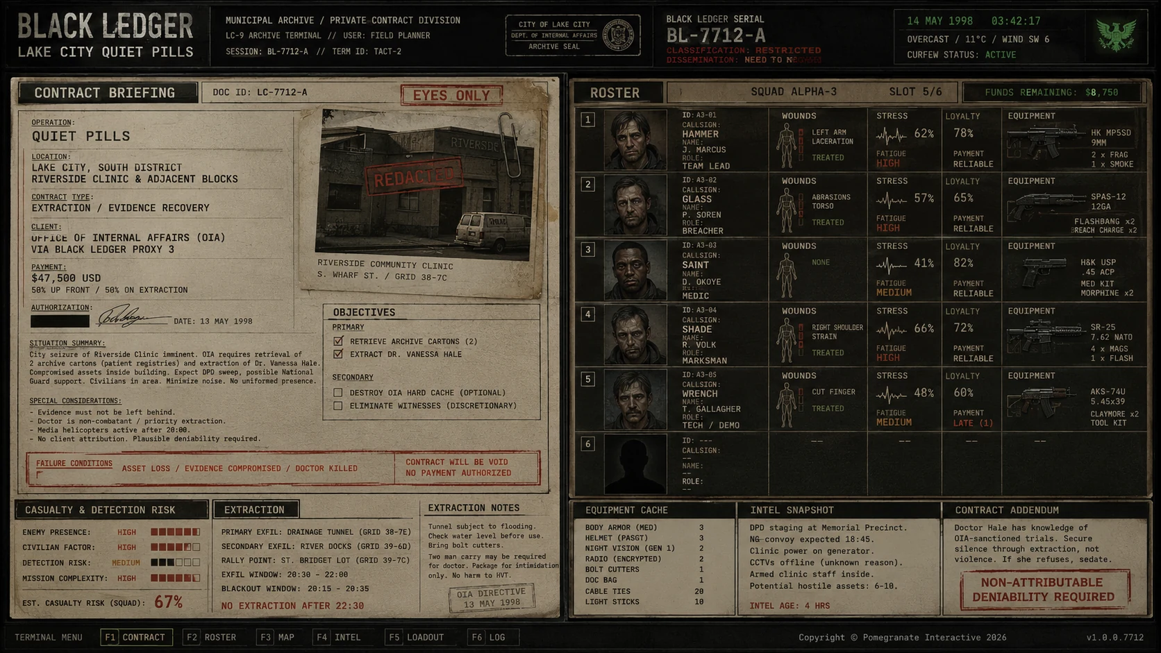 Black Ledger contract briefing and roster interface concept