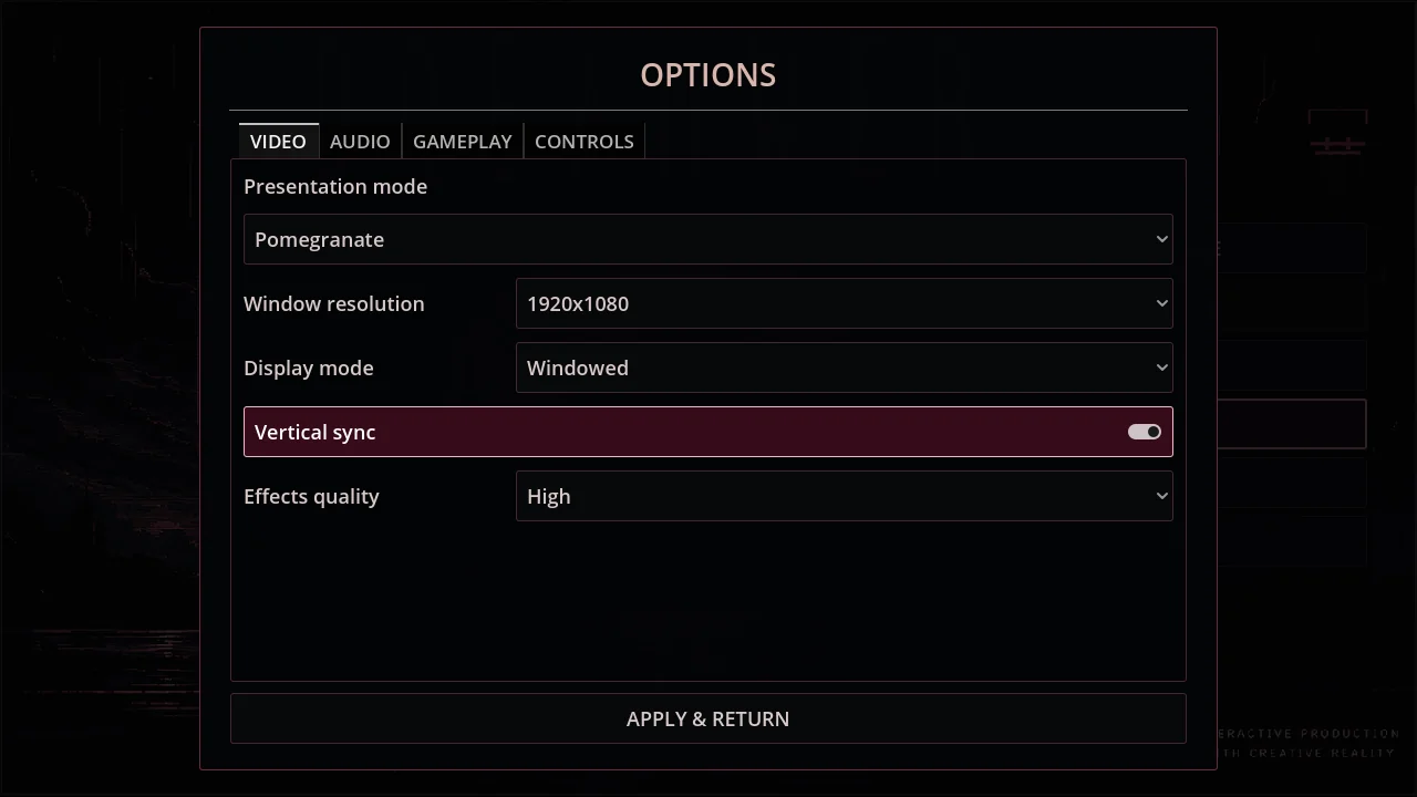 DreamWeb reconstruction options screen with presentation mode, resolution and effects quality