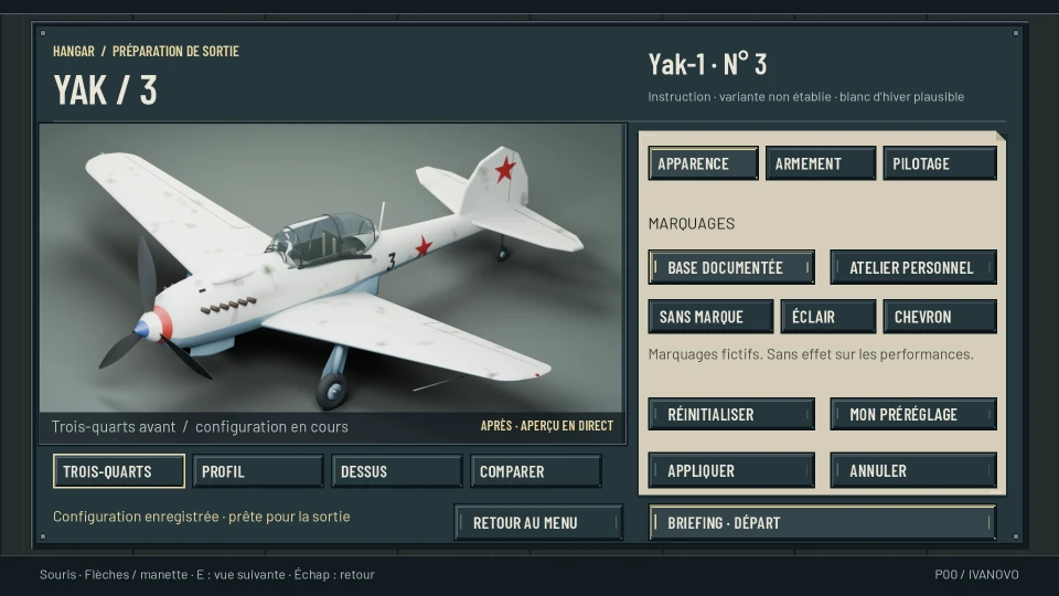 The hangar screen: a three-dimensional model of a white Yak-1 numbered 3, red stars on the fuselage and tail, shown in three-quarter view; beside it a panel with tabs for appearance, armament and handling, marking options, and buttons for the briefing and the departure