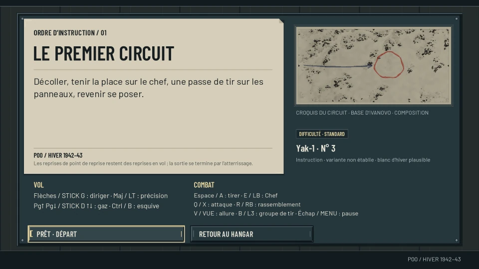 The mission order screen: a paper card headed Ordre d’instruction 01, Le premier circuit, with the brief to take off, hold position on the leader, make one firing pass on the panels and come back to land; beside it a sketch of the circuit over the Ivanovo base, the difficulty, the aircraft Yak-1 no. 3 and the flight and combat controls