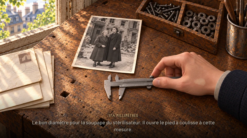 An illustration: a hand holding a vernier caliper on a worn wooden workbench, beside a black-and-white photograph of two women in long coats standing before a damaged building, a stack of letters and a box of screws and washers; a window opens on Paris rooftops; two lines of narration under the heading 17,4 millimètres