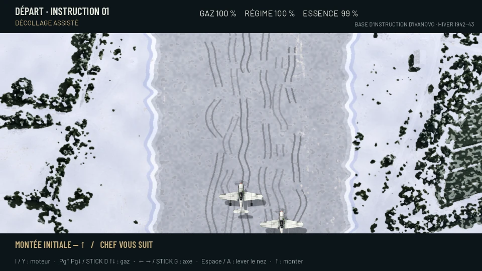 Two white Yak-1 fighters at the foot of a packed-snow runway marked with tyre tracks, seen from above between snowbanks and dark woods; the header reads Départ, instruction 01, décollage assisté, with throttle, engine speed and fuel, and the footer lists the takeoff controls