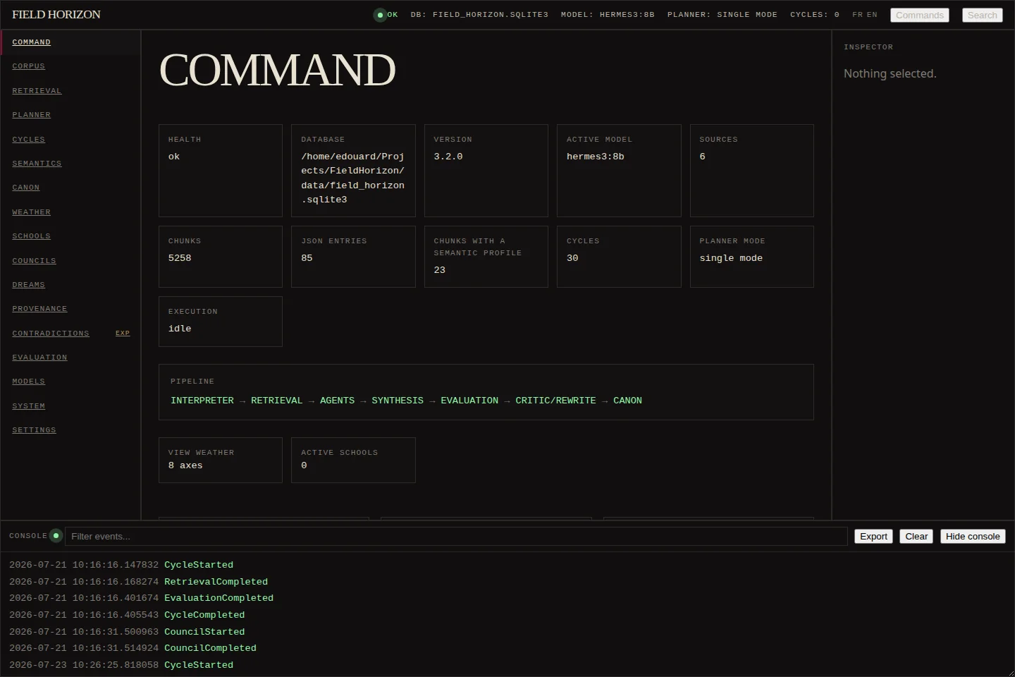 Field Horizon command screen showing engine health, database, active model, chunk counts and the cycle pipeline