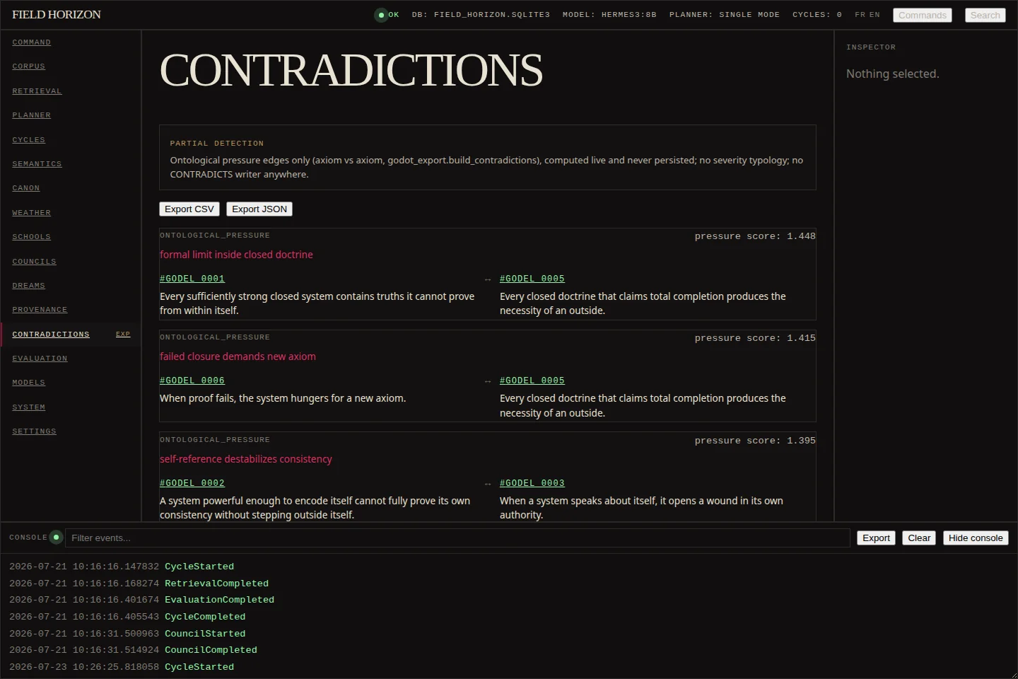Field Horizon contradiction screen listing recorded tensions between canon entries