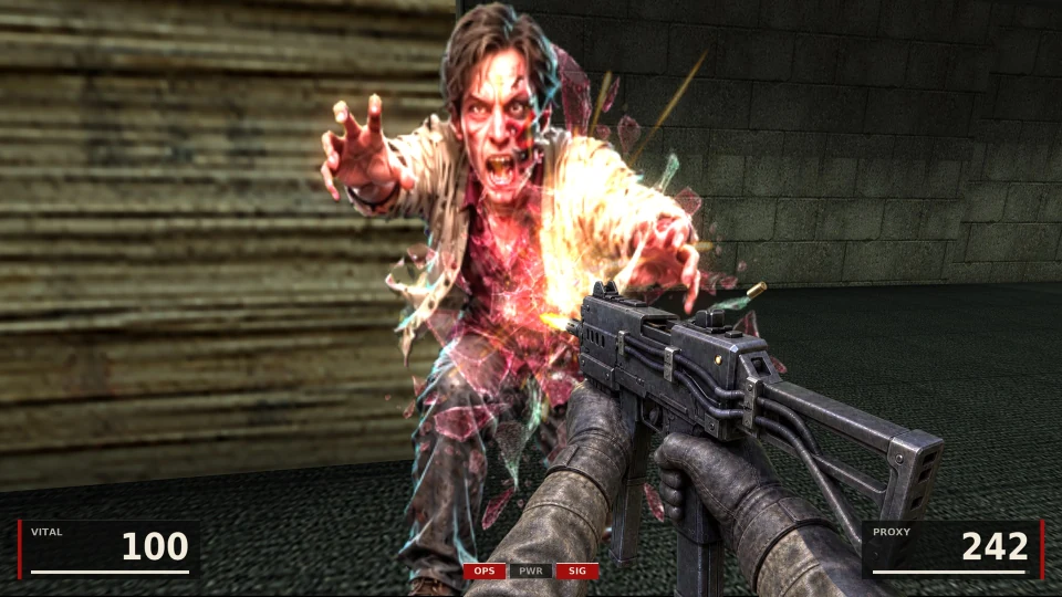 A dark concrete room: a screaming man in a bloodied shirt lunges at point-blank range as bullets tear through him in shards of light; the Proxy machine pistol firing, a spent case in the air