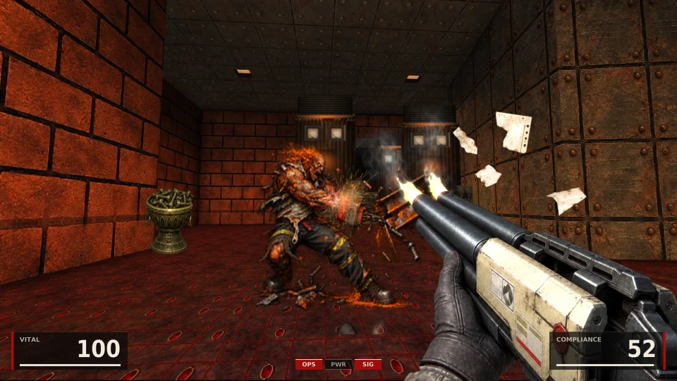 A chamber of red brick and riveted metal: a hulking creature made of rust and scrap staggers under fire, sparks and spent shells in the air, a brass urn of cartridges on the left; the Compliance shotgun firing both barrels