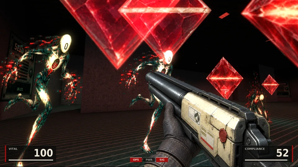 Two pale skeletal figures with blank white faces and red-lit veins run through a dark hall under floating red crystals, a third further back; the Compliance shotgun in hand