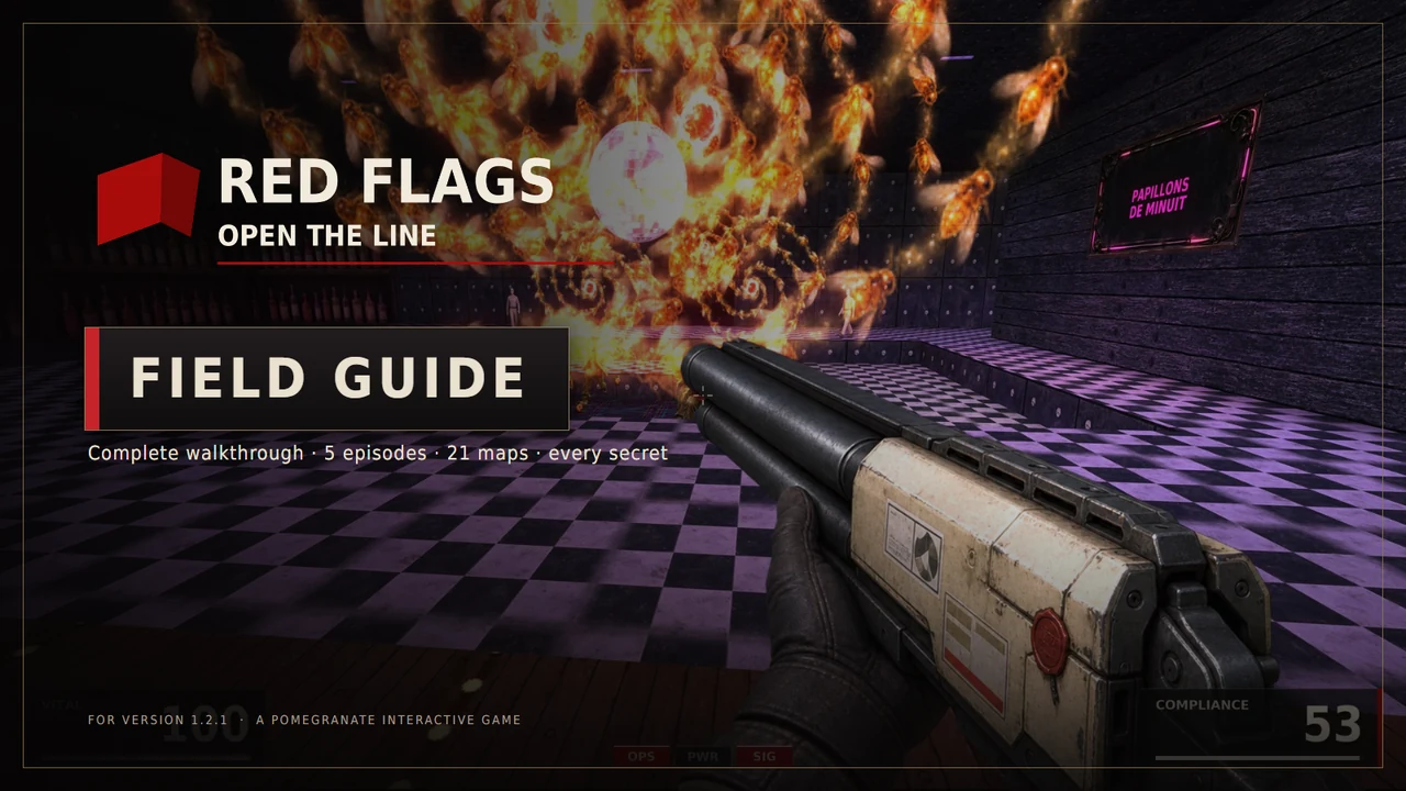Cover of the field guide: the Red Flags: Open the Line logo and the words Field guide, complete walkthrough, 5 episodes, 21 maps, every secret, over a capture of the Papillons de Minuit nightclub