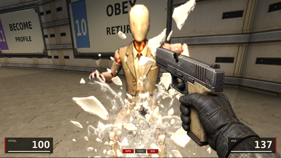 A white mall corridor with signs reading Obey, Return and Become Profile: a faceless retail mannequin in a beige suit shatters into shards as a pistol fires at it; the 404 pistol in a gloved hand, ammunition 137