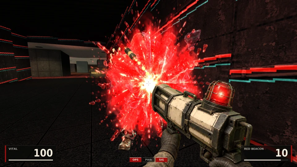 A dark corridor striped with red and cyan neon lines: a red flare bursts in a shower of sparks and glass just ahead, a door marked RESET in the distance; the Red Beacon launcher, topped by a red warning lamp, in hand