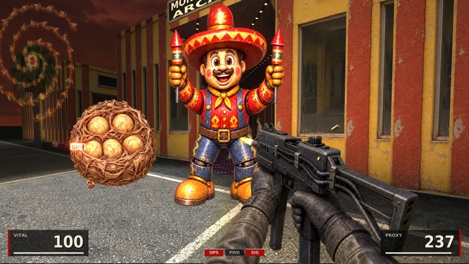 A parking lot at dusk in front of red and yellow striped buildings: a giant smiling mascot in a sombrero holds up two rockets, a nest of eggs hangs in the air on the left and a spiral of fire turns around a palm tree in the distance; the Proxy machine pistol in both gloved hands