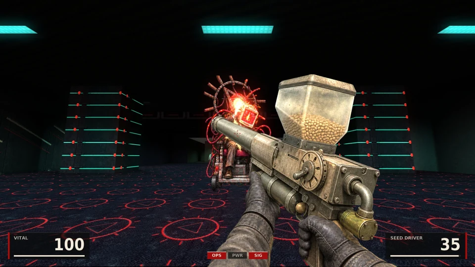 A dark hall with a patterned carpet and cyan ceiling lights: a figure strapped into a wired chair under a ring of spikes is hit and glows red; the Seed Driver, a gun fed by a hopper of seeds, in the foreground