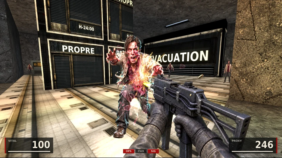 A tiled concourse between lowered shutters signed PROPRE and ÉVACUATION, a clock reading H-24:00: a screaming man in a torn jacket lunges forward as bullets hit him, other residents in the background; the Proxy machine pistol firing
