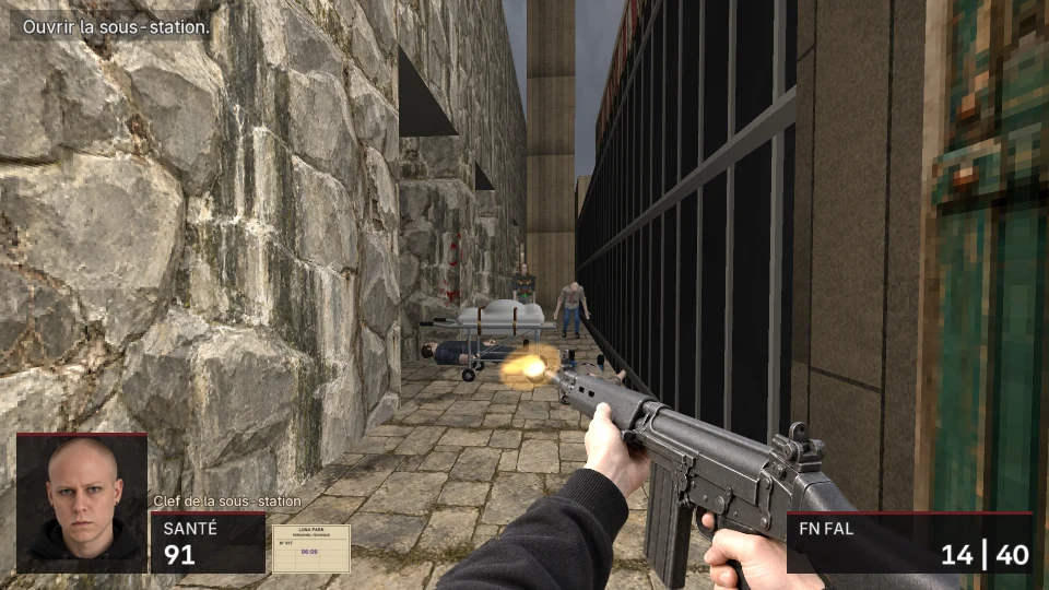 A stone-walled alley beside a row of iron gates: a stretcher-bearer pushes a gurney toward the player and an orderly follows, a body lies on the cobbles; the FN FAL fires, a muzzle flash at the barrel