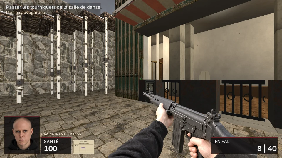 The timber framework of the roller coaster, white posts bolted against a stone wall, beside the dance hall entrance, where a turnstile counter reads 617 behind iron railings; an FN FAL in hand