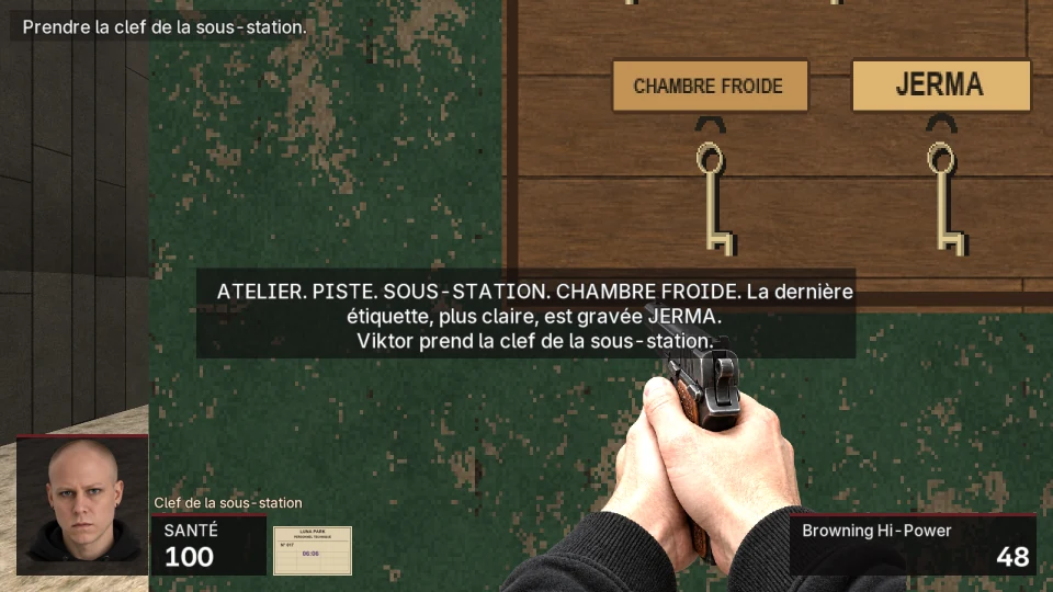A wooden key board on a green wall with two brass labels, Chambre froide and Jerma, a key hanging under each; the game’s narration says Viktor takes the substation key; a Browning pistol in both hands