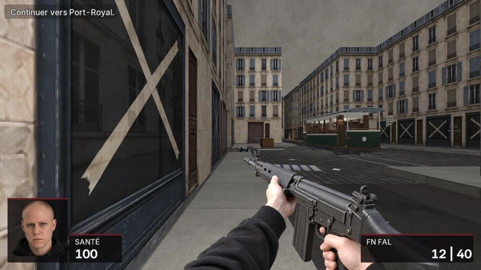 A Paris street of Haussmann blocks under a grey sky: a shop window crossed with tape in the foreground, a stopped green tram on its rails with a passenger aboard, a body on the pavement; an FN FAL held at the lower right