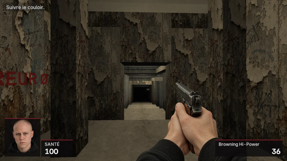 A concrete corridor whose walls are covered in peeling layers of paint over scratched graffiti, narrowing toward a dark passage lined with pipes; the end of a red stencil reading Erreur Ø on the left wall; a Browning pistol in both hands, no one in sight