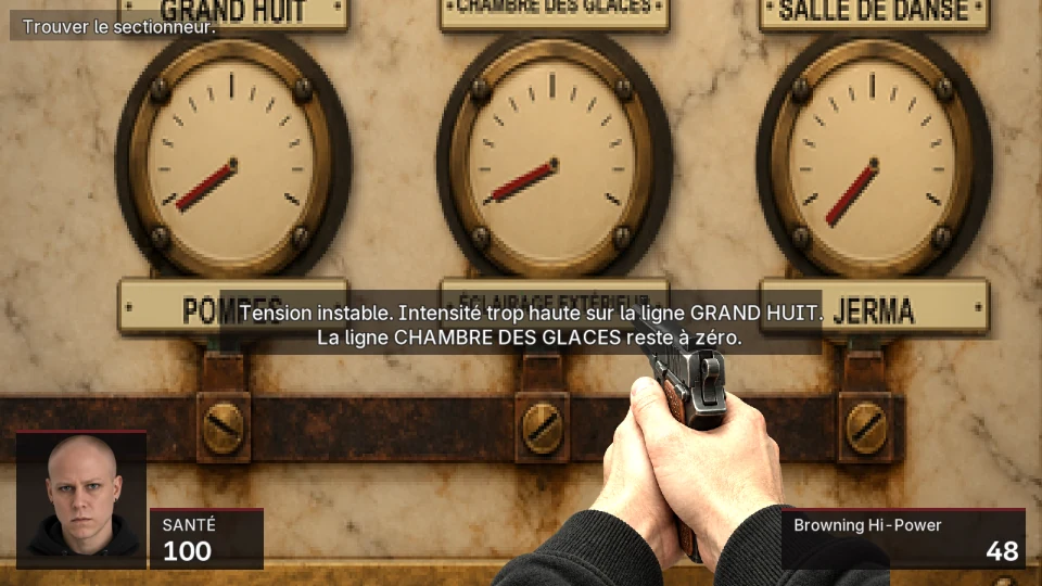 Three brass gauges on a marble switchboard, with brass plates naming the park’s lines: Grand huit, Chambre des glaces, Salle de danse, Pompes, Éclairage extérieur and Jerma; the game’s narration reports an unstable voltage; a Browning pistol in both hands