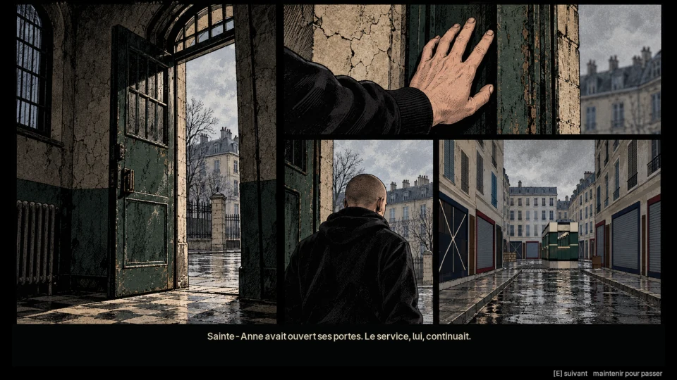 A four-panel drawn page: an open hospital door onto a wet courtyard, a hand on a door frame, Viktor seen from behind in a black hooded sweatshirt facing Paris rooftops, and an empty street of shuttered shops, with a one-line caption beneath