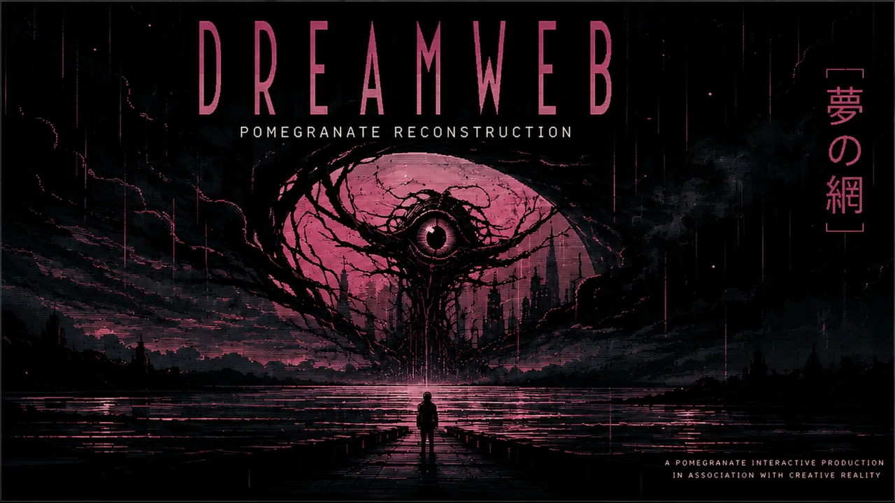 DreamWeb Pomegranate Reconstruction wallpaper: an eye held inside a web of black roots above a drowned city, a lone figure standing on the flooded plain below