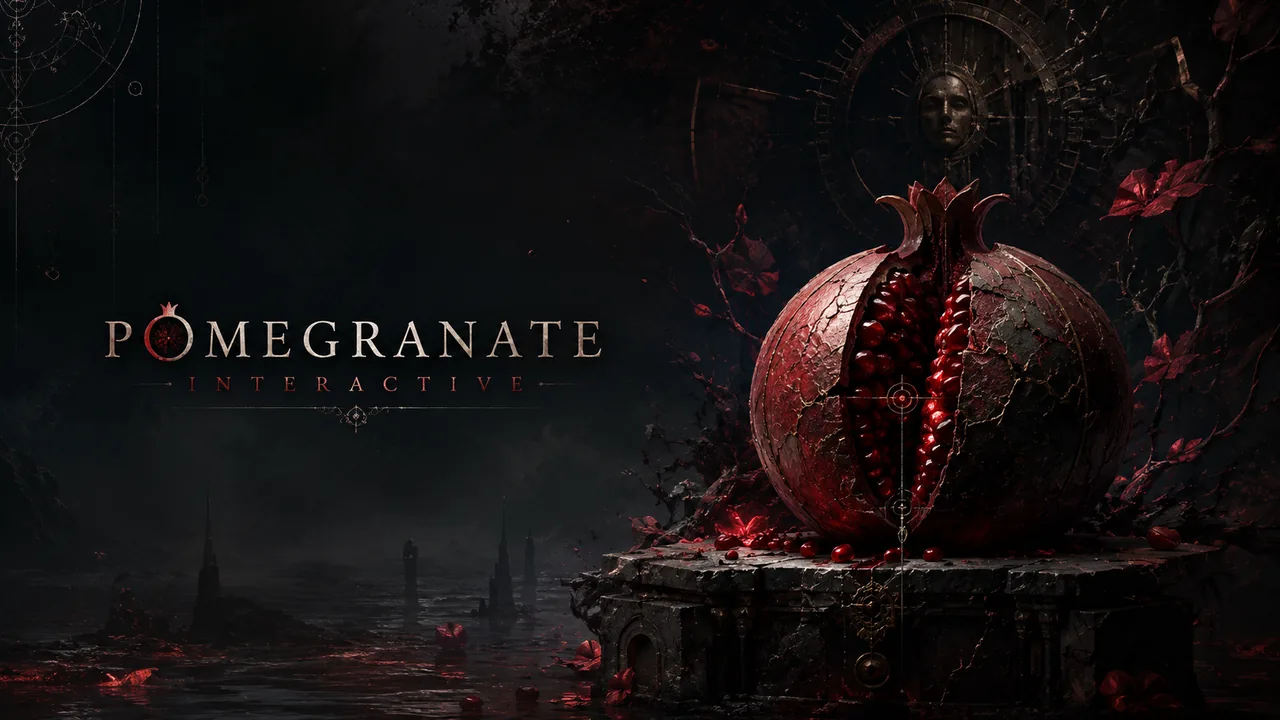 Pomegranate Interactive key art: a cracked pomegranate opened on a stone altar above a flooded ruin, under a bronze mask